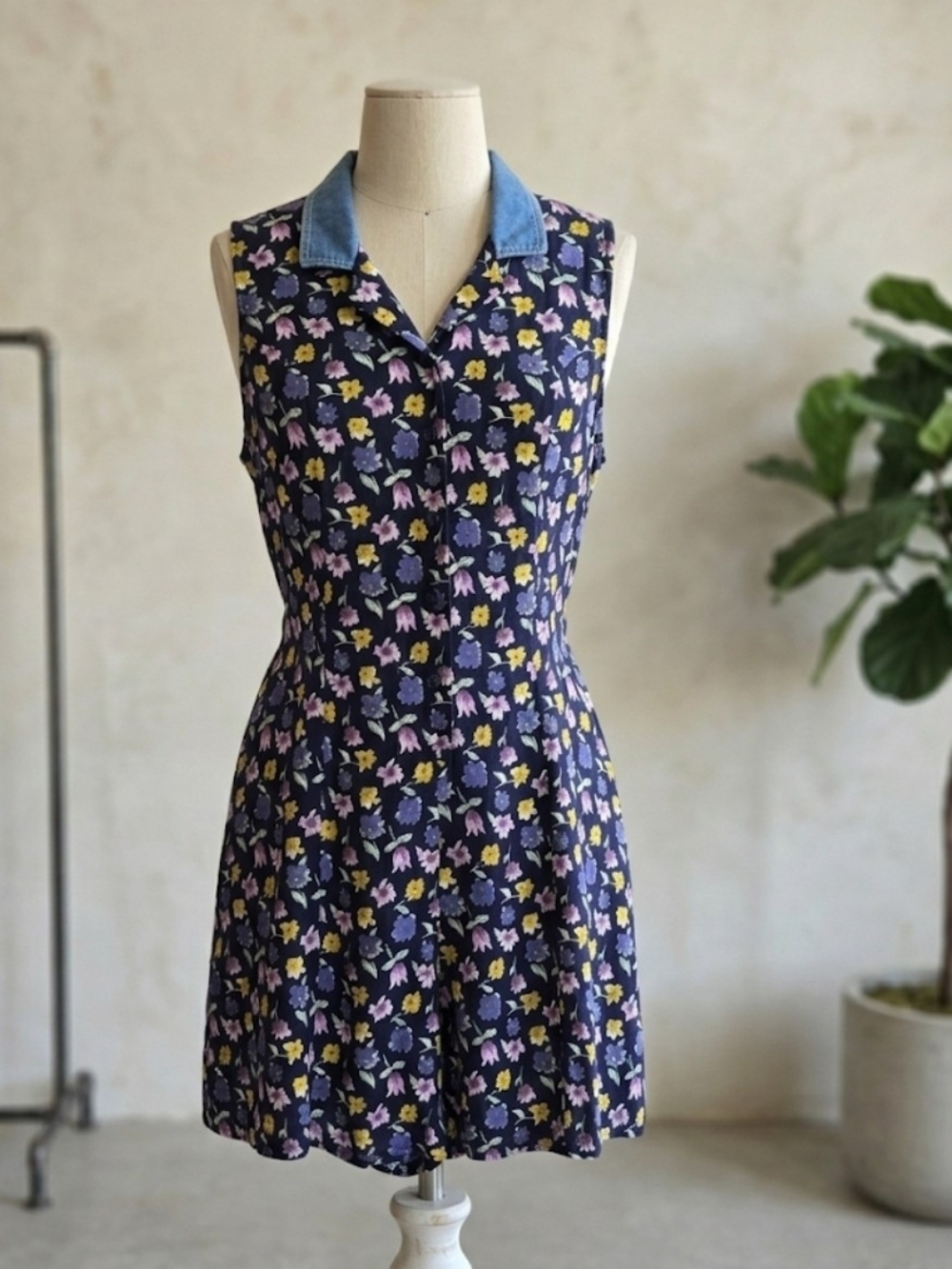 VTG 90s Bonjour Floral Rayon Romper Denim Collar Sleeveless Large